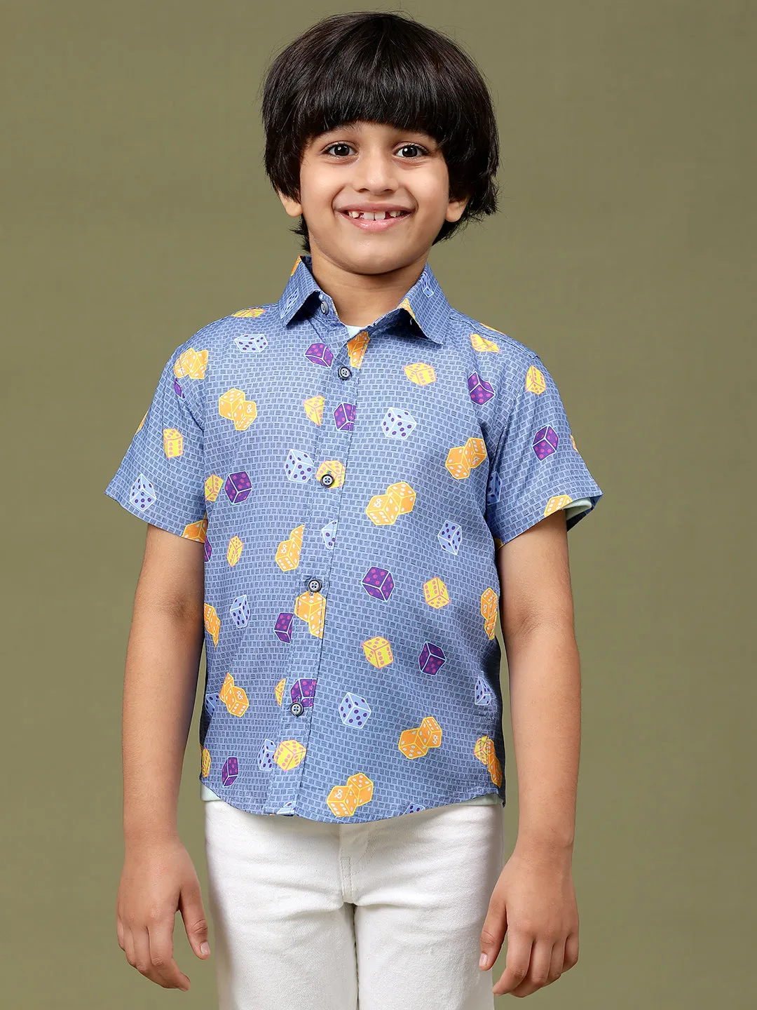 Boys Navy Blue Rayon Printed Regular Fit Shirt