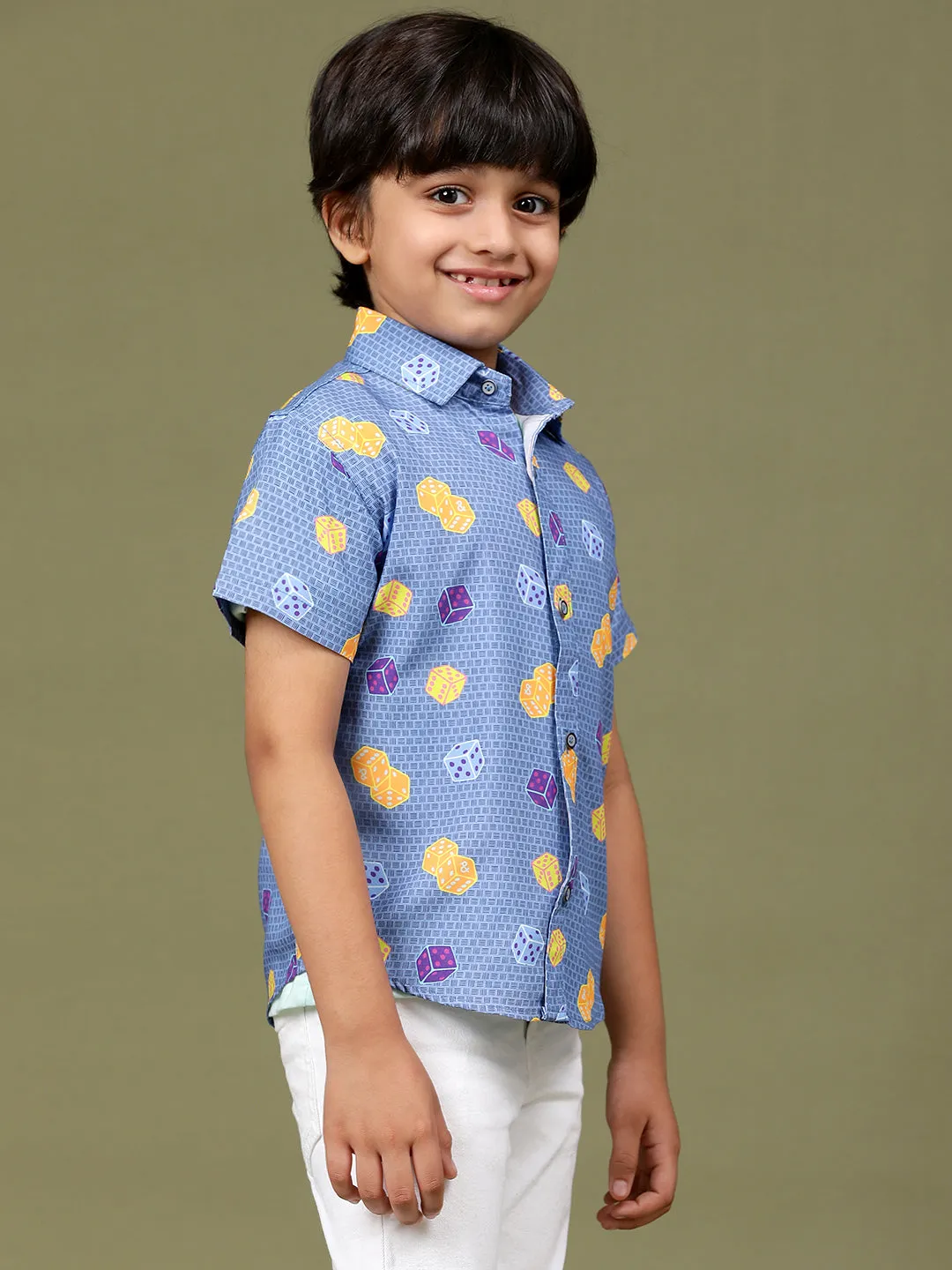 Boys Navy Blue Rayon Printed Regular Fit Shirt