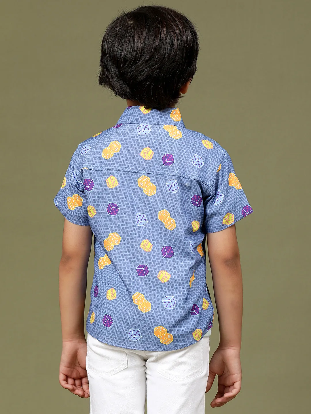 Boys Navy Blue Rayon Printed Regular Fit Shirt