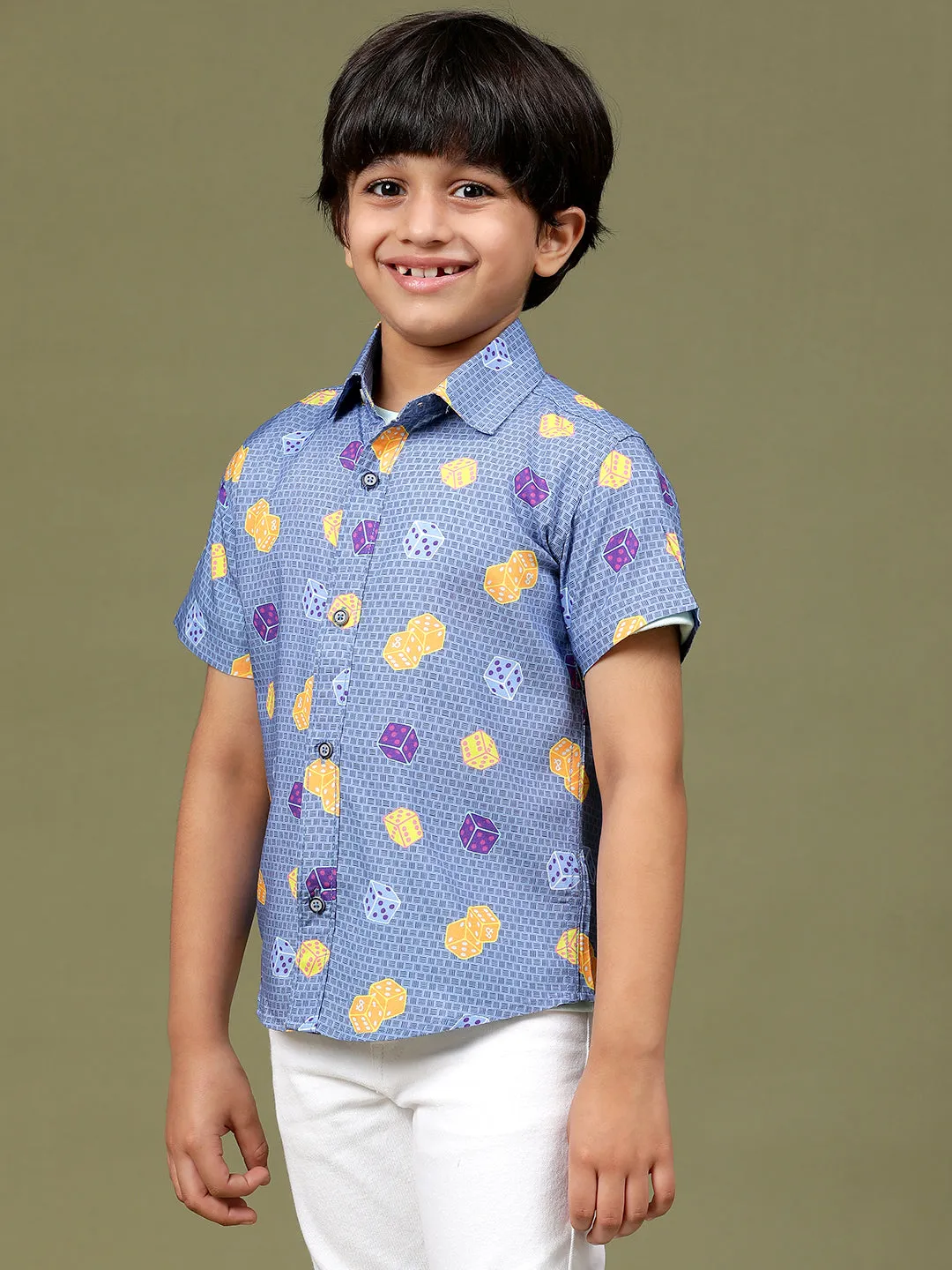 Boys Navy Blue Rayon Printed Regular Fit Shirt