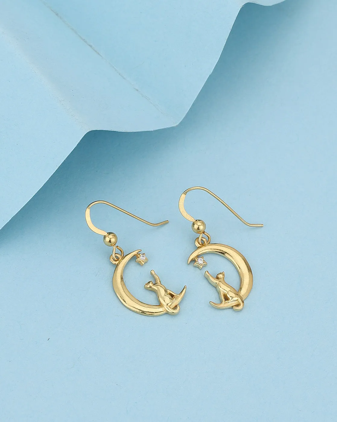 Carlton London 18Kt Gold Plated Classic Earrings With Moon & Cat