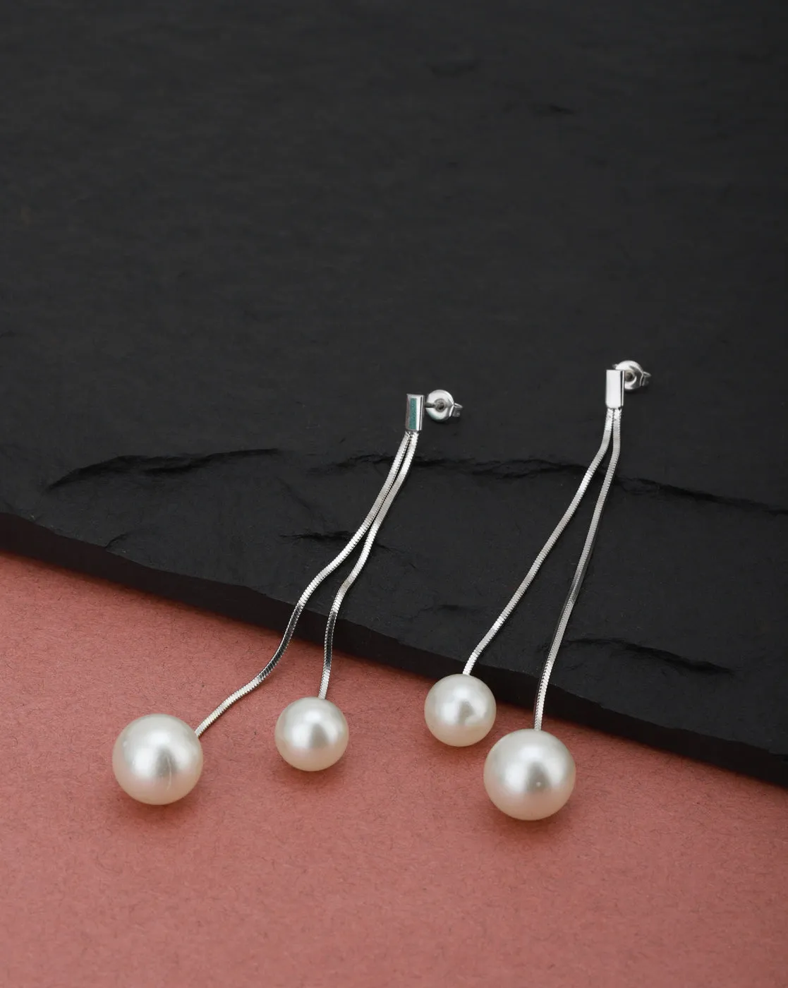 Carlton London Rhodium Plated Contemporary Drop Earring With Dangling Pearl