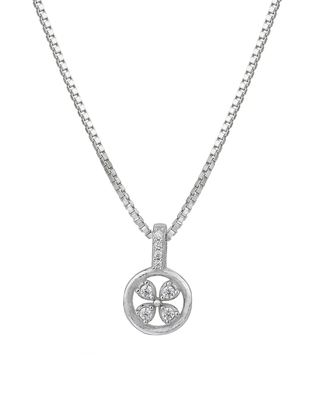 Carlton London  Rhodium Plated With Round Floral Pendant With Chain