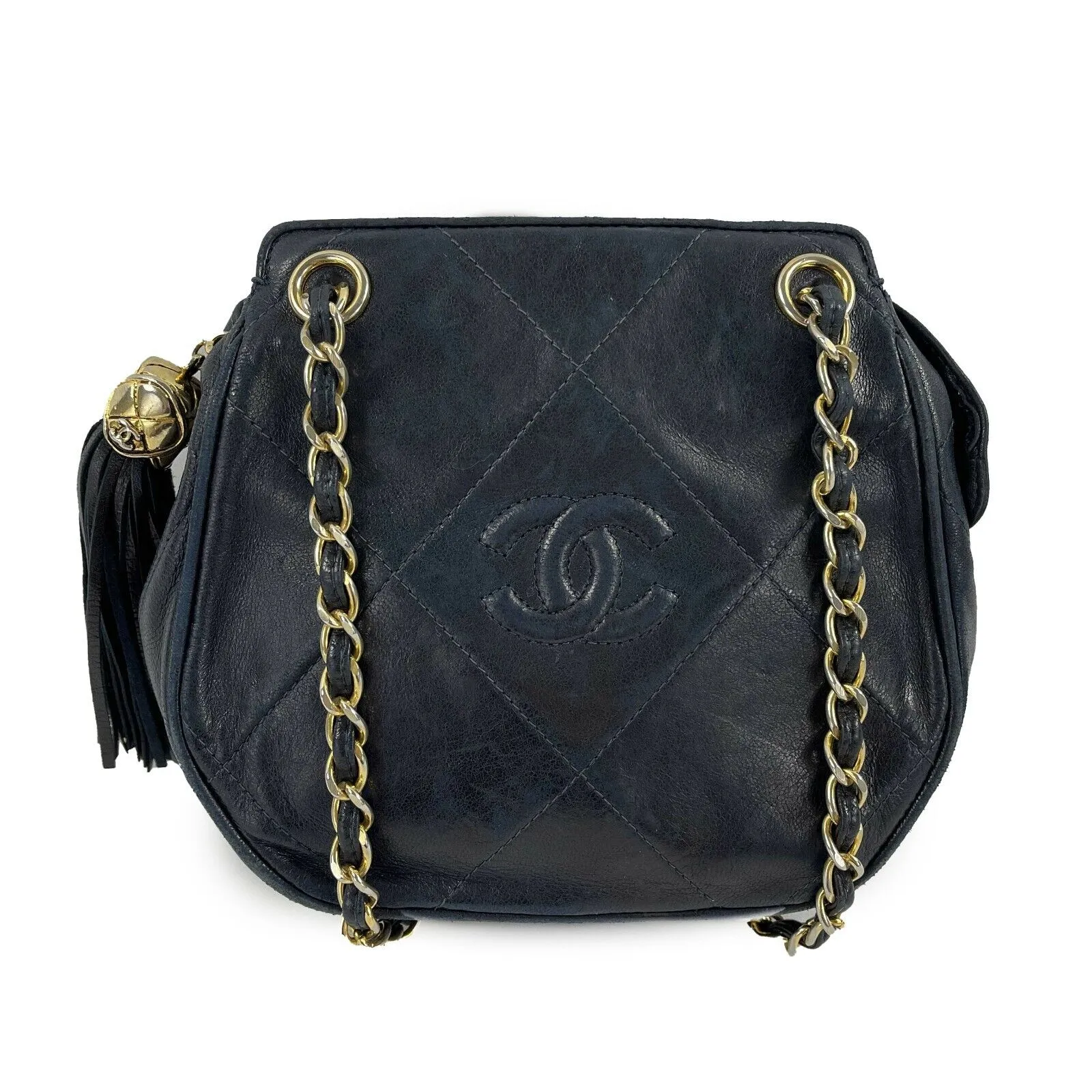 CHANEL- Mini Tassel Crossbody Bag - Navy Blue CC Tassel Diamond Quilted Leather