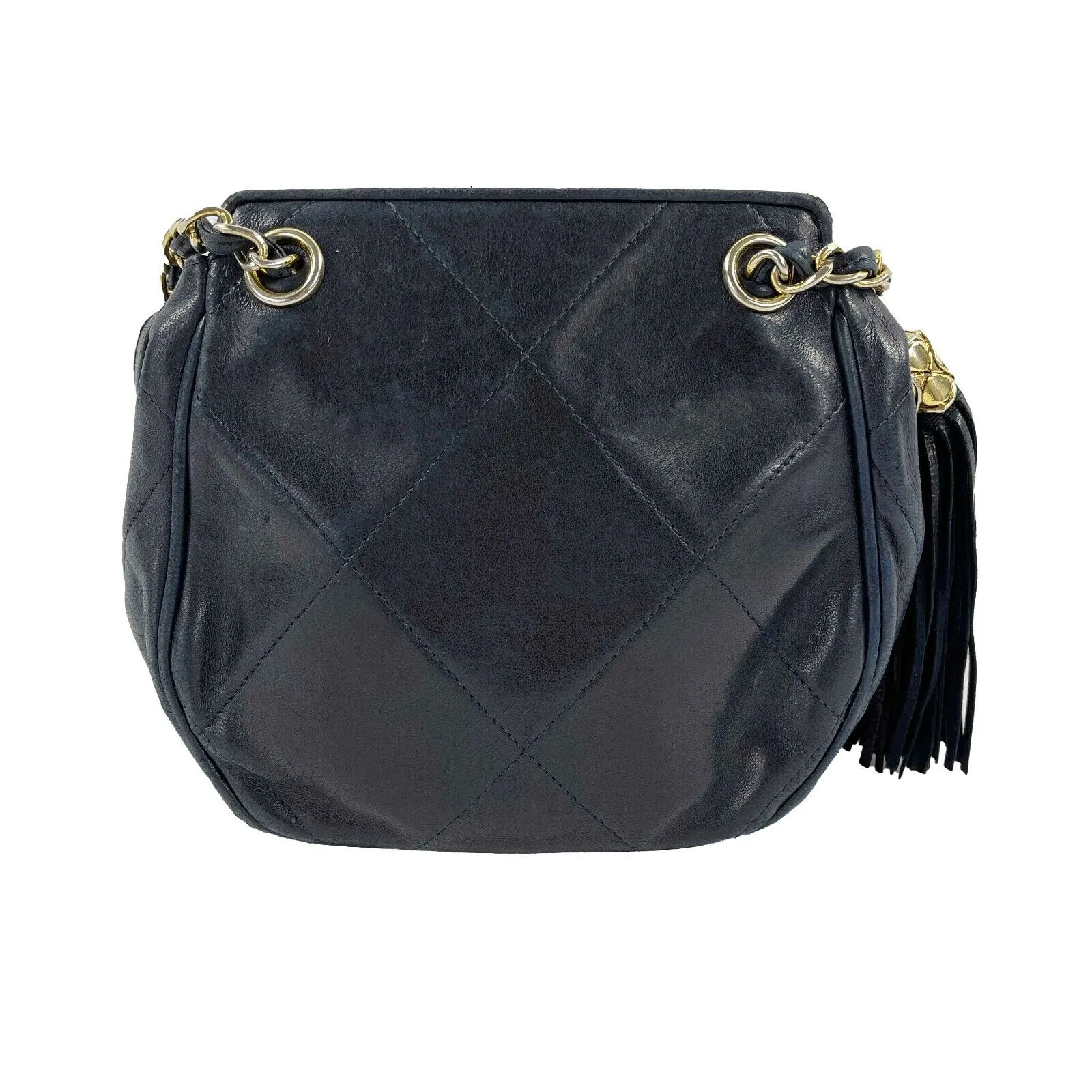 CHANEL- Mini Tassel Crossbody Bag - Navy Blue CC Tassel Diamond Quilted Leather