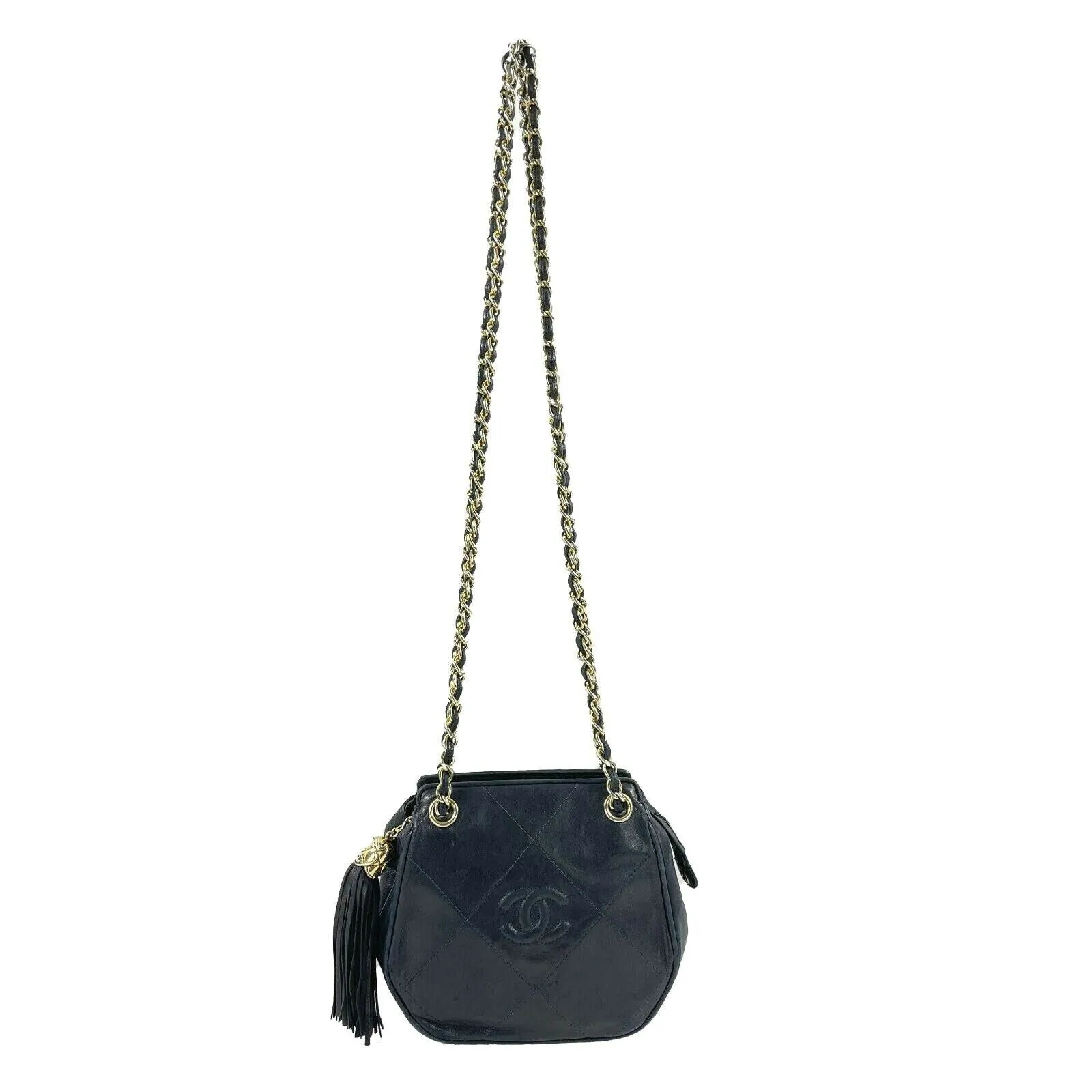 CHANEL- Mini Tassel Crossbody Bag - Navy Blue CC Tassel Diamond Quilted Leather