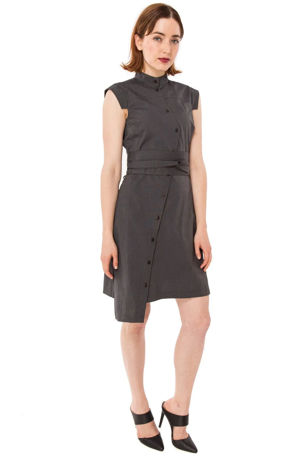 Classic Obi belt Shirtdress/ Graphite textured Cotton