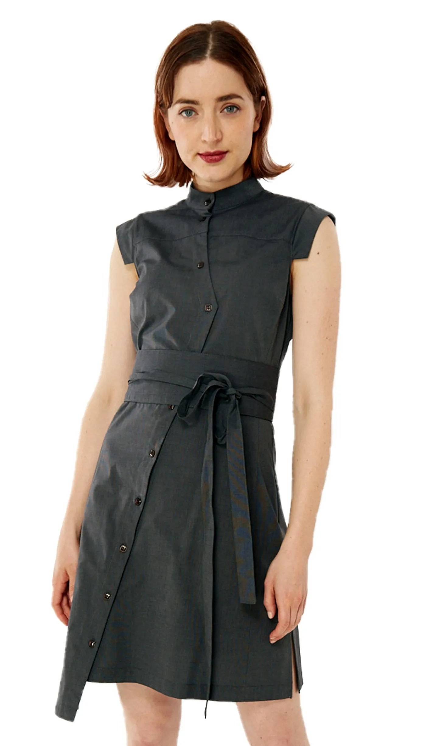 Classic Obi belt Shirtdress/ Graphite textured Cotton