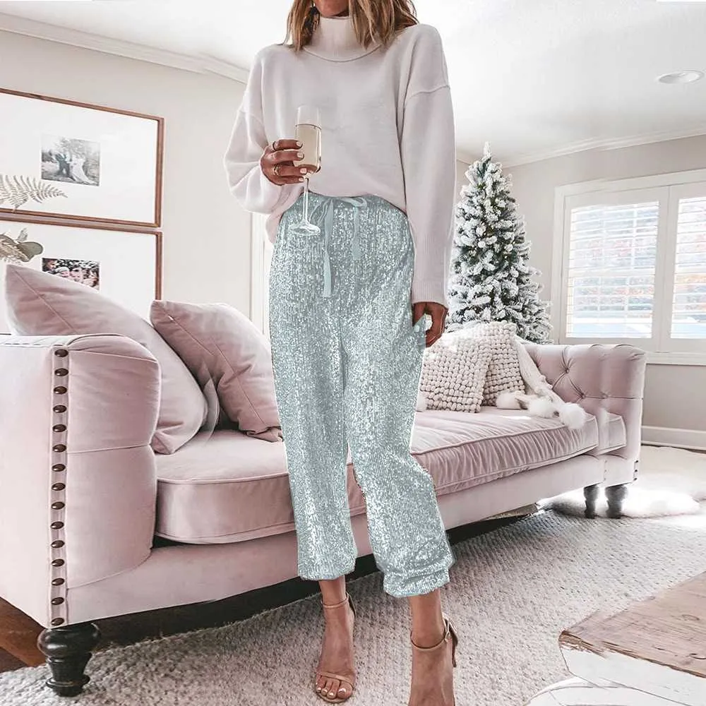 Classy Sparkly Sequins Elasticated Waist Trousers Womens Slacks