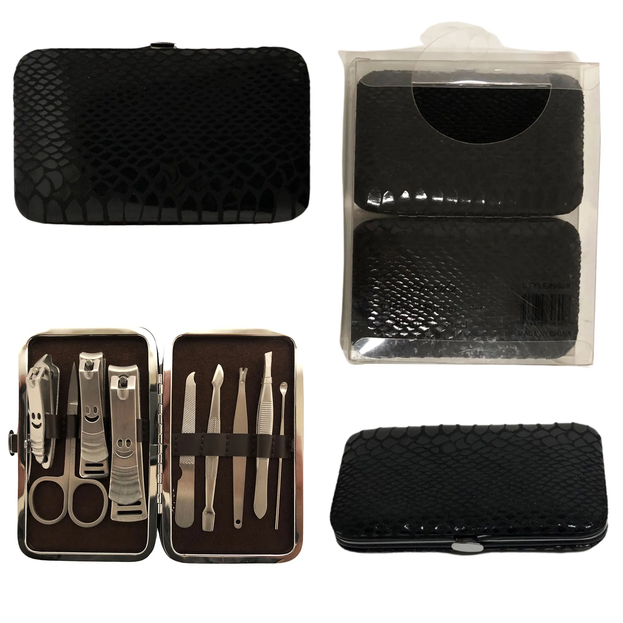 CLEARANCE BLACK SNAKE  PRINT MANICURE SET (CASE OF 24 - $2.50 / PIECE)  Wholesale 9 Piece Stainless Steel Manicure Set in Black Snake SKU: 9699-SNK-BLACK-24