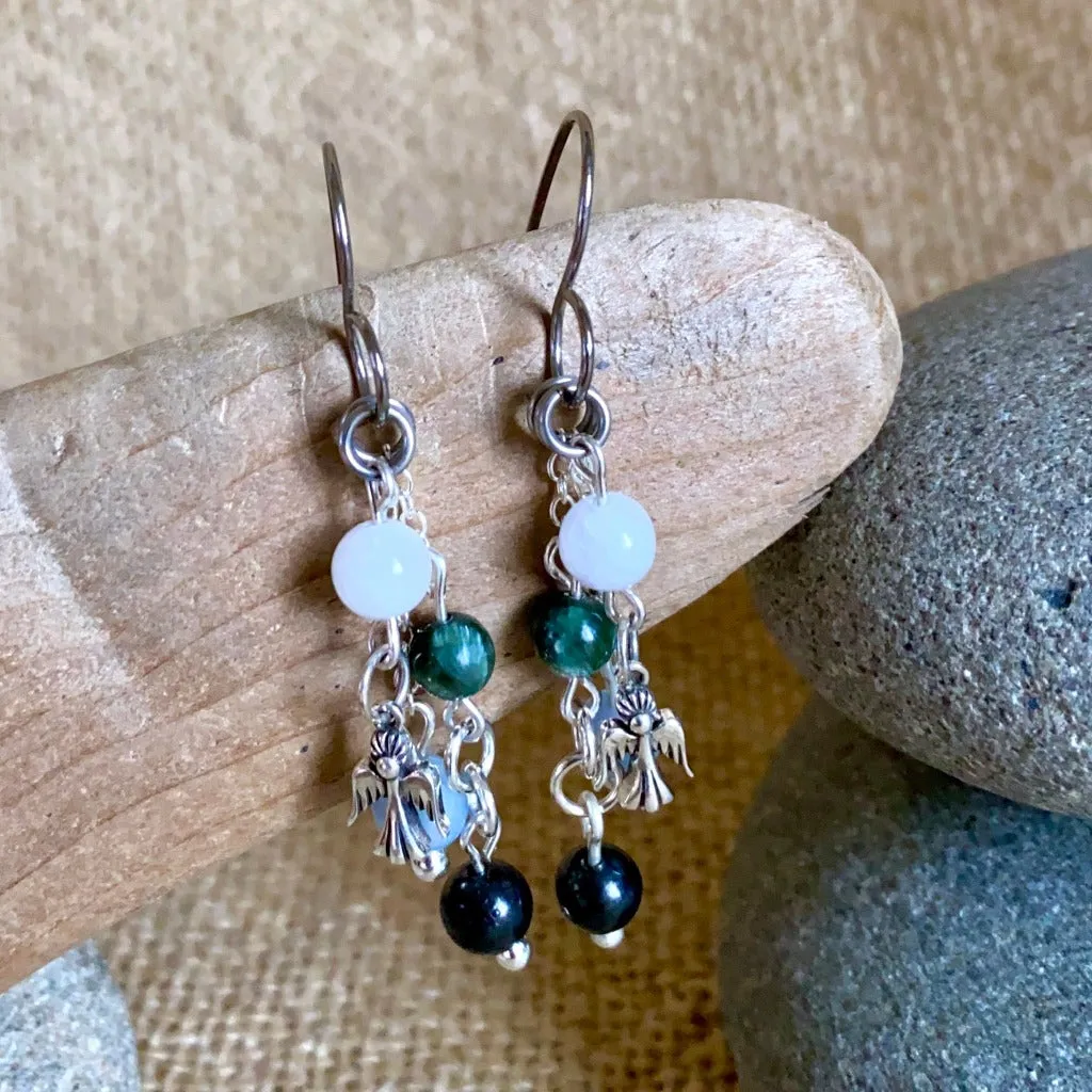 Dangling Angel Earrings With Celestite, Angelite, Seraphinite, & Shungite