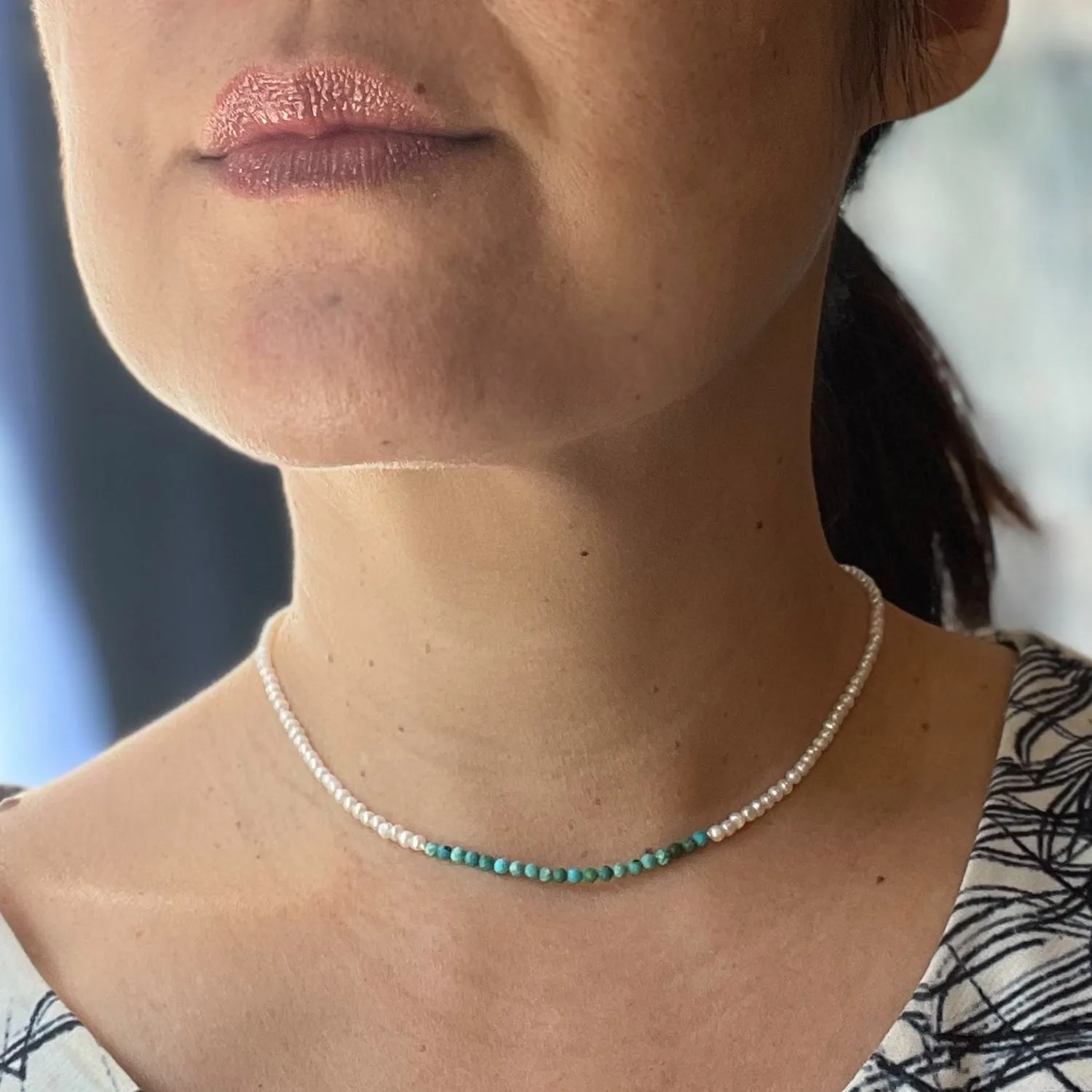 Flamenco Seedpearl and Turquoise color blocked Choker Necklace