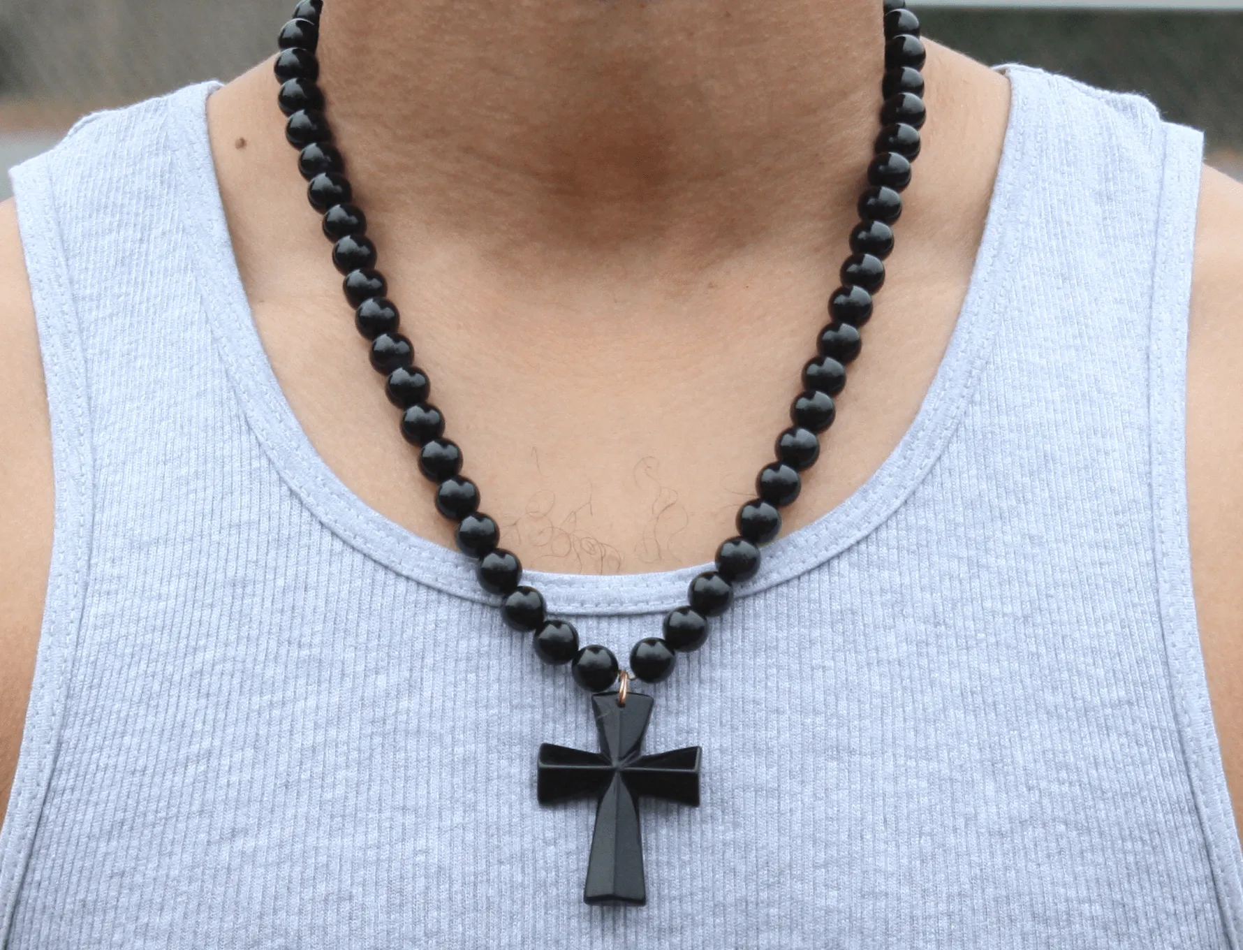 Genuine Black Onyx Necklace with Black Onyx Cross - Gift for Men/Woman - Spiritual Accessories - Religious Symbol