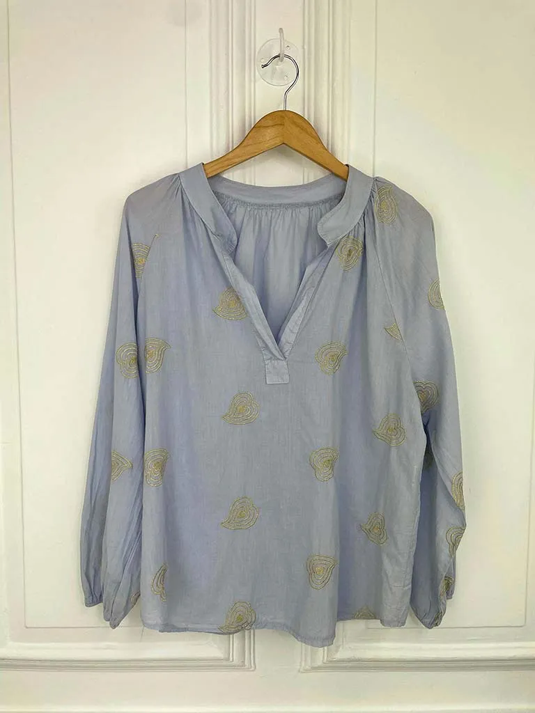 Heart Embroidered Smock Shirt - Sky