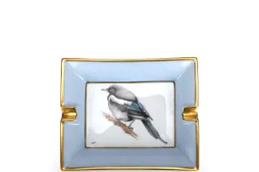 HERMES RECTANGULAR 19CM X 15.5CM CIGAR ASHTRAY WITH BIRDS PRINT, LIGHT BLUE GOLD TRIM, NO BOX