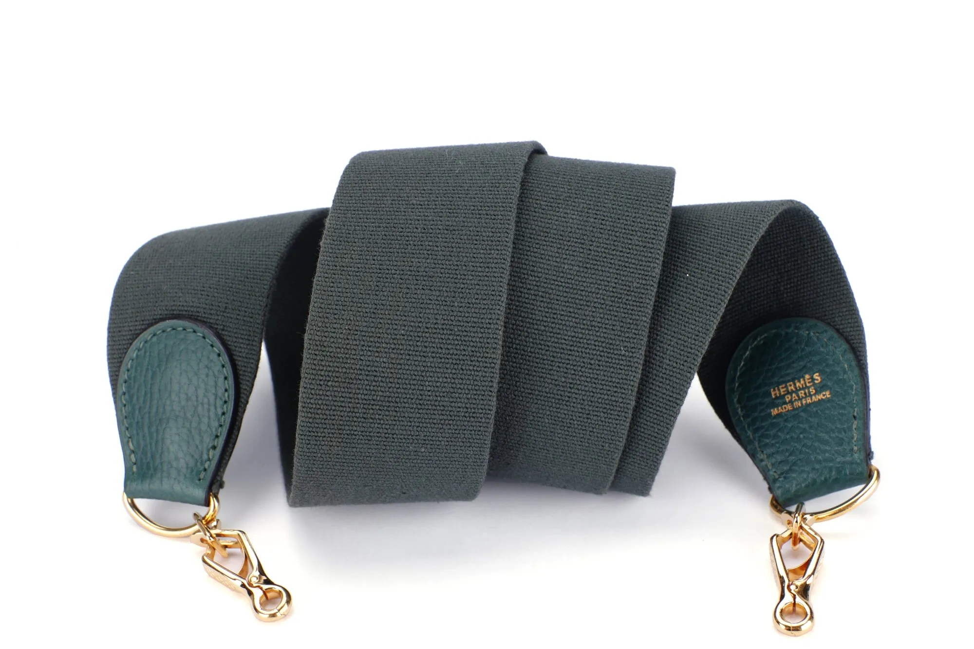 Hermes Vintage Dark Green Canvas Shoulder Strap, 97 x 5cm, Clip Buckle Gold Hardware, no Dust Cover