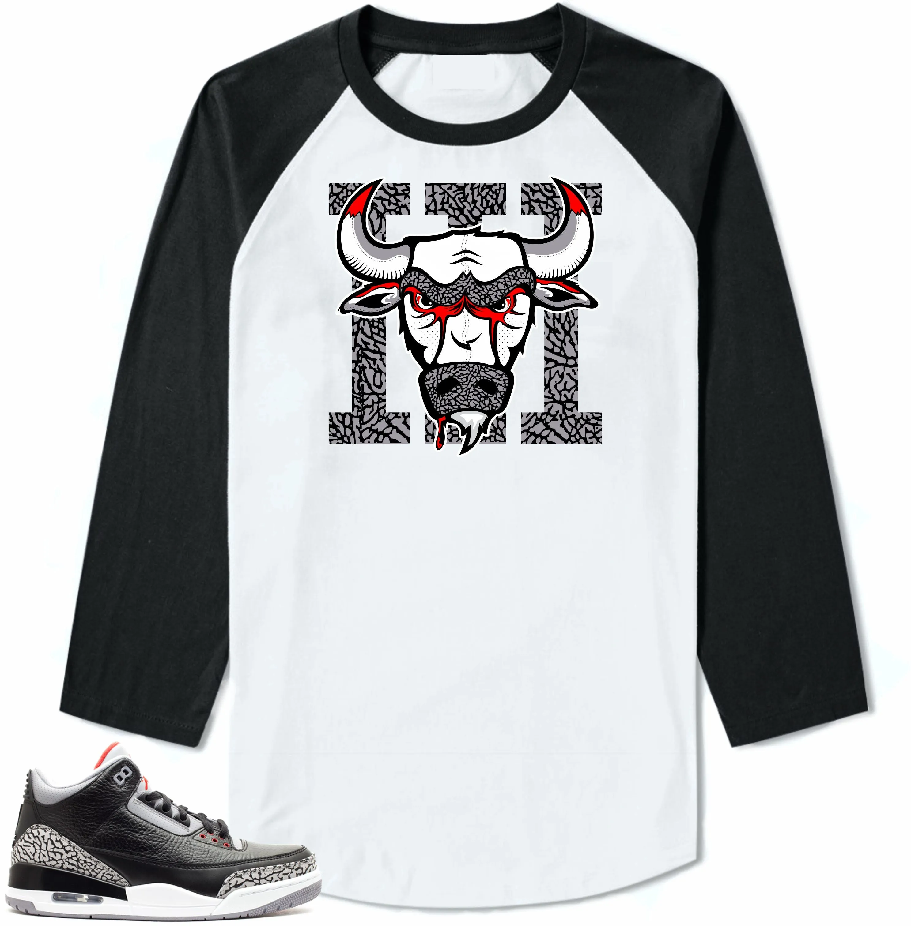 Jordan 3 Black Cement sneakers. Bull 3 White/Black long sleeve tee