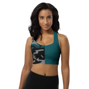 Longline sports bra Gray, Teal, and Black Camouflage