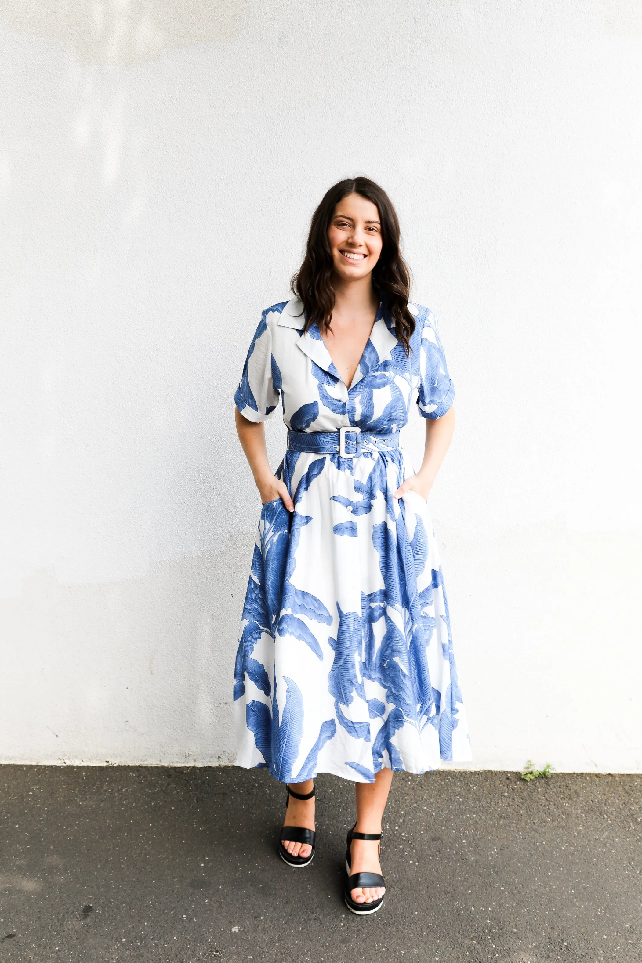 Maxine Dress (Blue Palm Print)