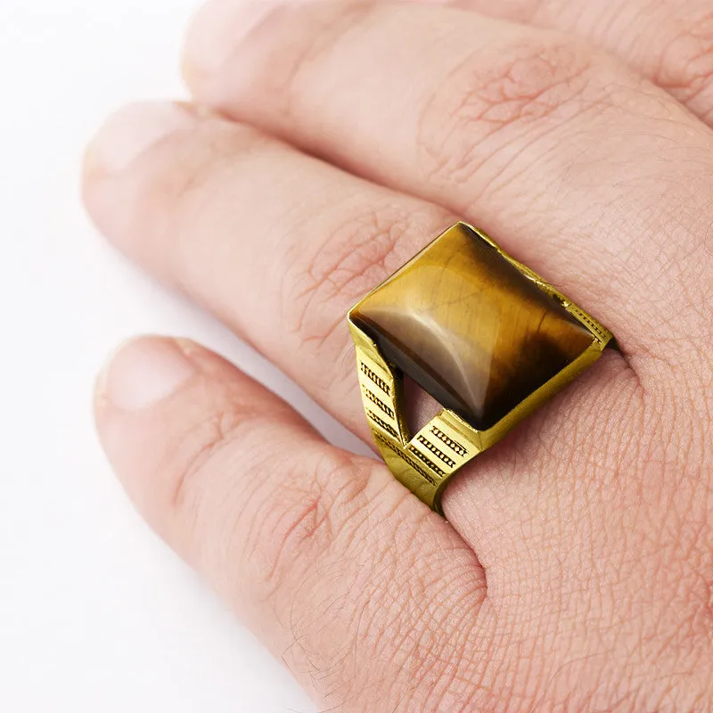 Men's Ring Tiger's Eye Stone in 10k Yellow Gold, Statement Ring for Men