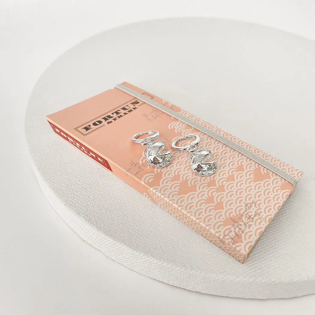 Mini Fortune Cookie Huggie Earrings - Silver