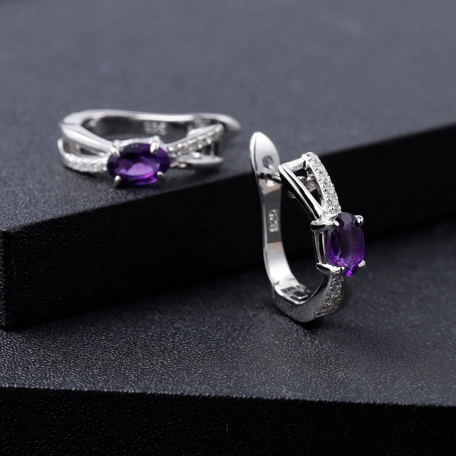 Natural Amethyst Clip Earrings - 925 Sterling Silver