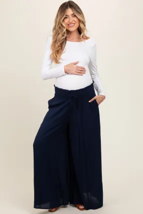 Navy Blue Wide Leg Smocked Lightweight Maternity Pants