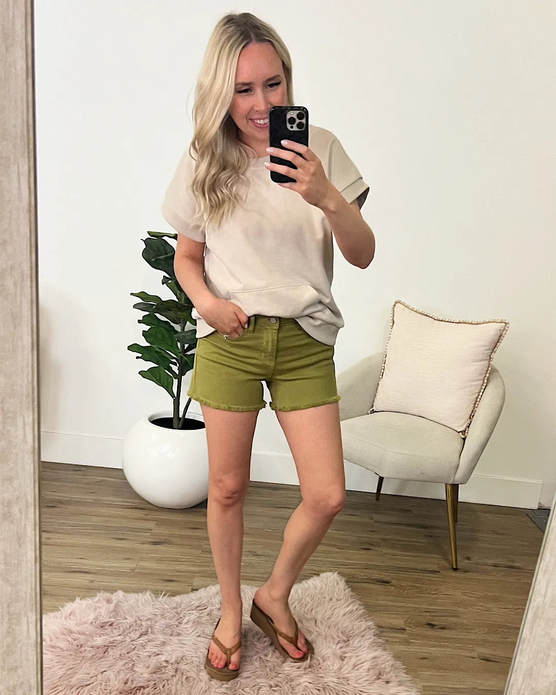 NEW! Judy Blue Matcha Green Fray Hem Shorts