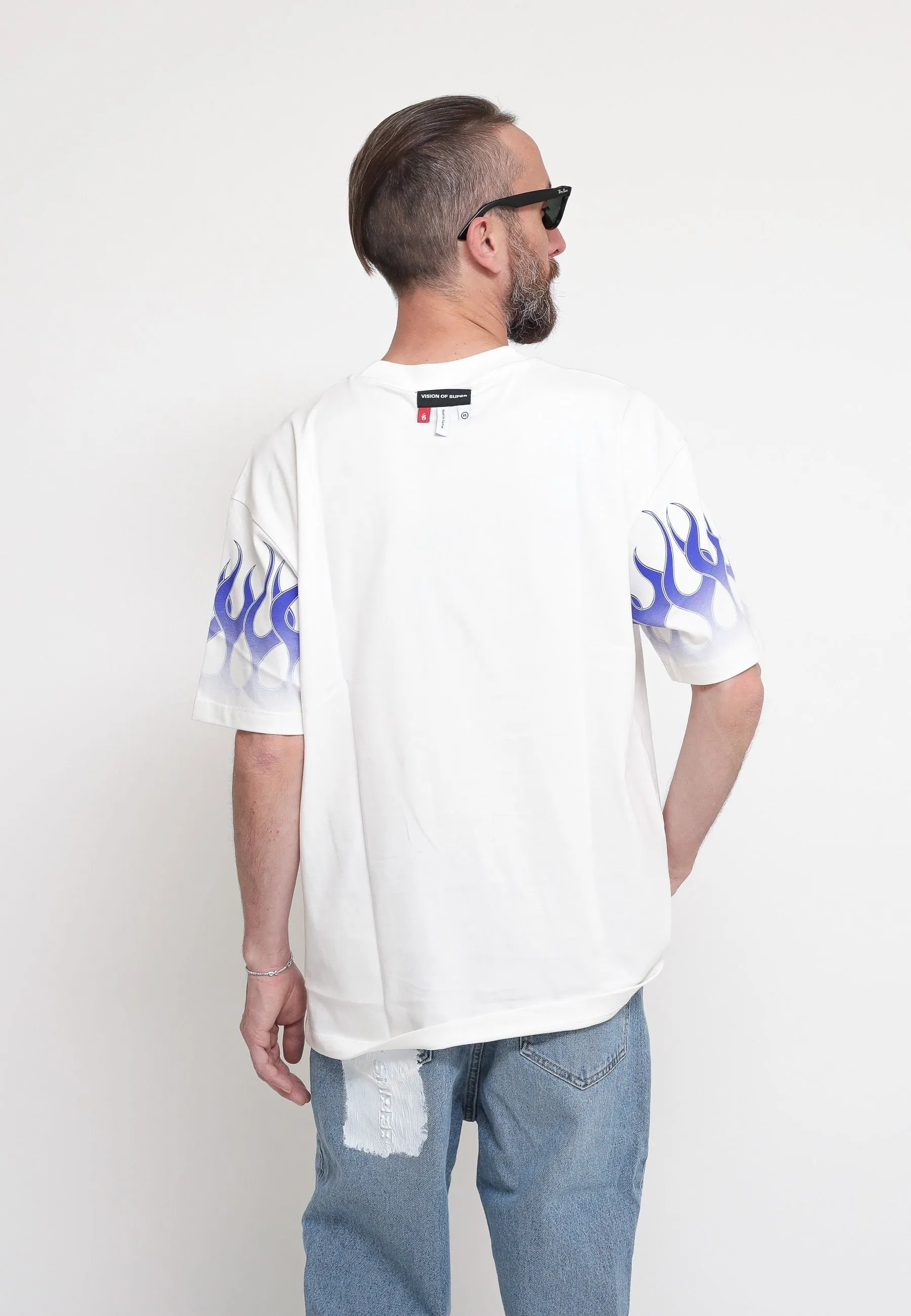 Off White T-Shirt Whit Blue Flames