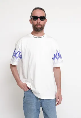 Off White T-Shirt Whit Blue Flames