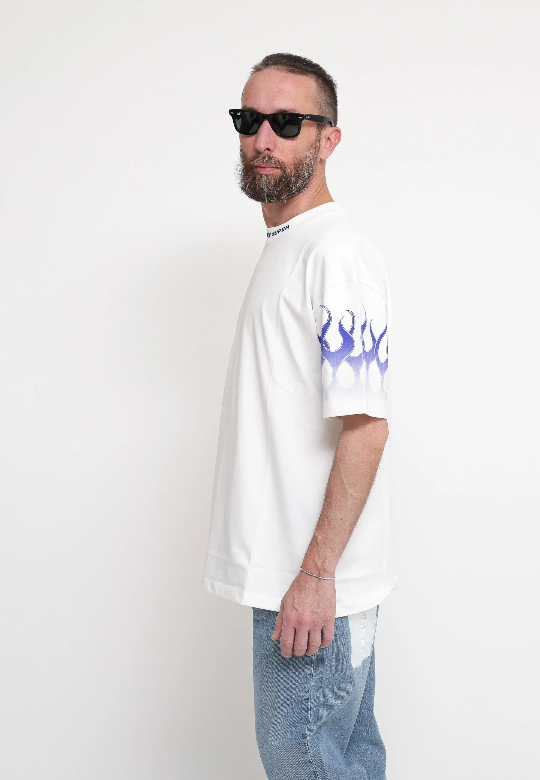 Off White T-Shirt Whit Blue Flames