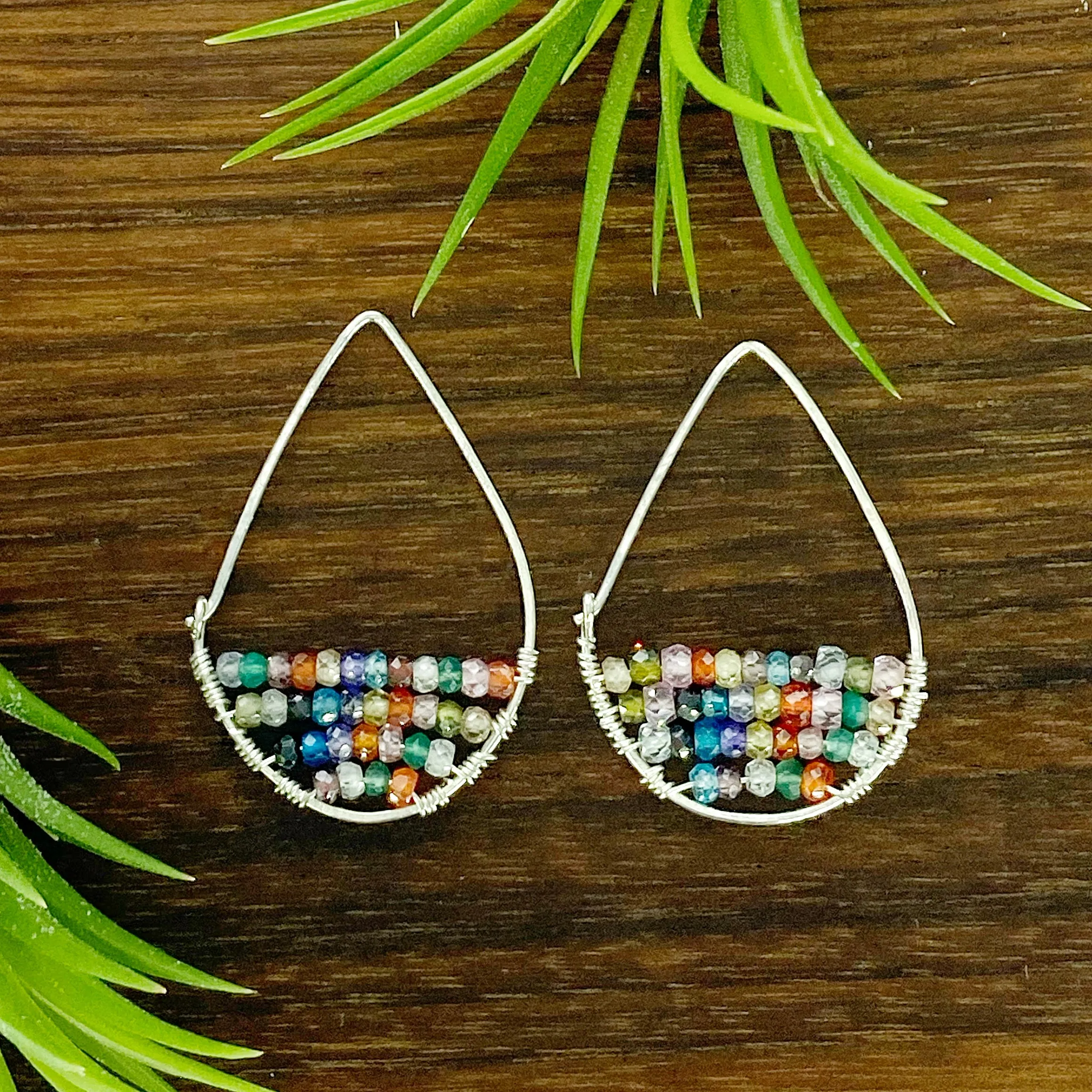 Rainbow Gemstone Teardrop Hoop Earrings