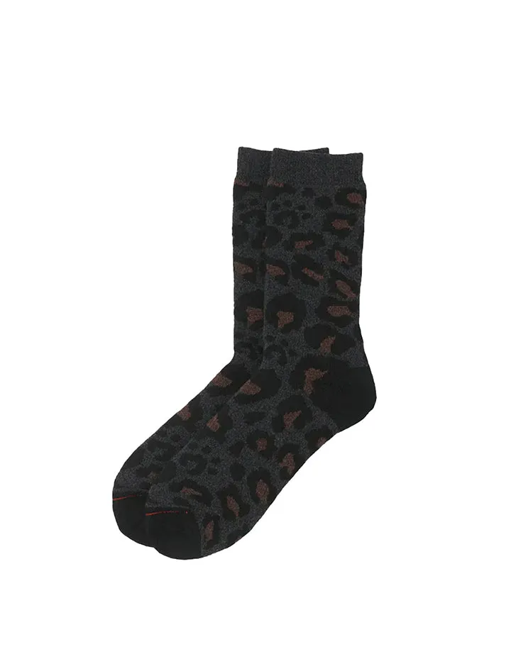 Rototo Pile Leopard Crew Socks Charcoal