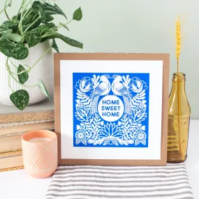 royal blue home sweet home art print, Fraktur art, folk art print, hex sign art