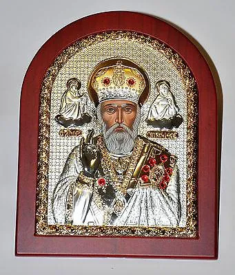 Saint Nicholas Byzantine Icon Sterling Silver 925 Treated Size 25 x 20 cm