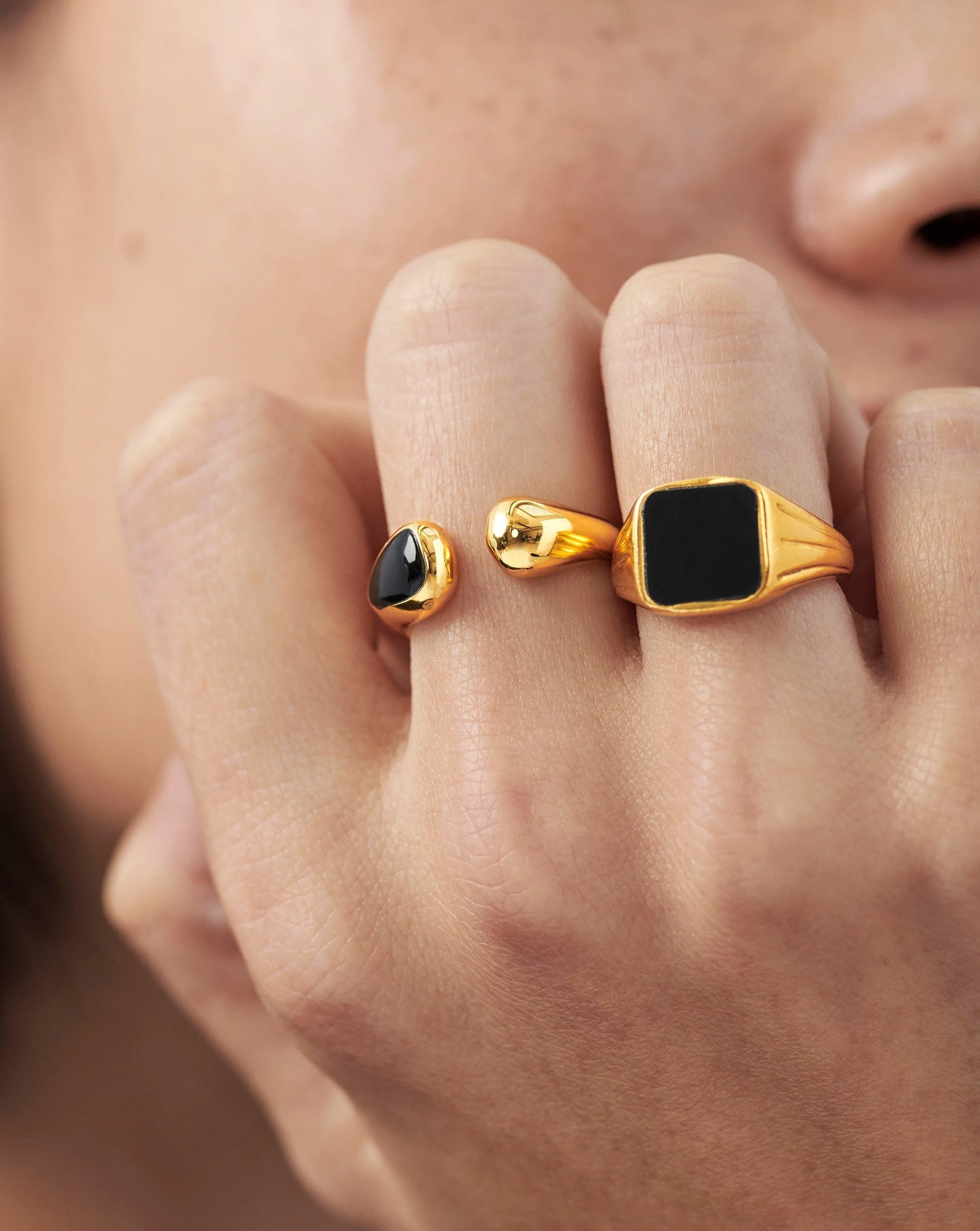 Savi Sculptural Black Onyx Open Ring | 18ct Gold Plated Vermeil/Black Onyx