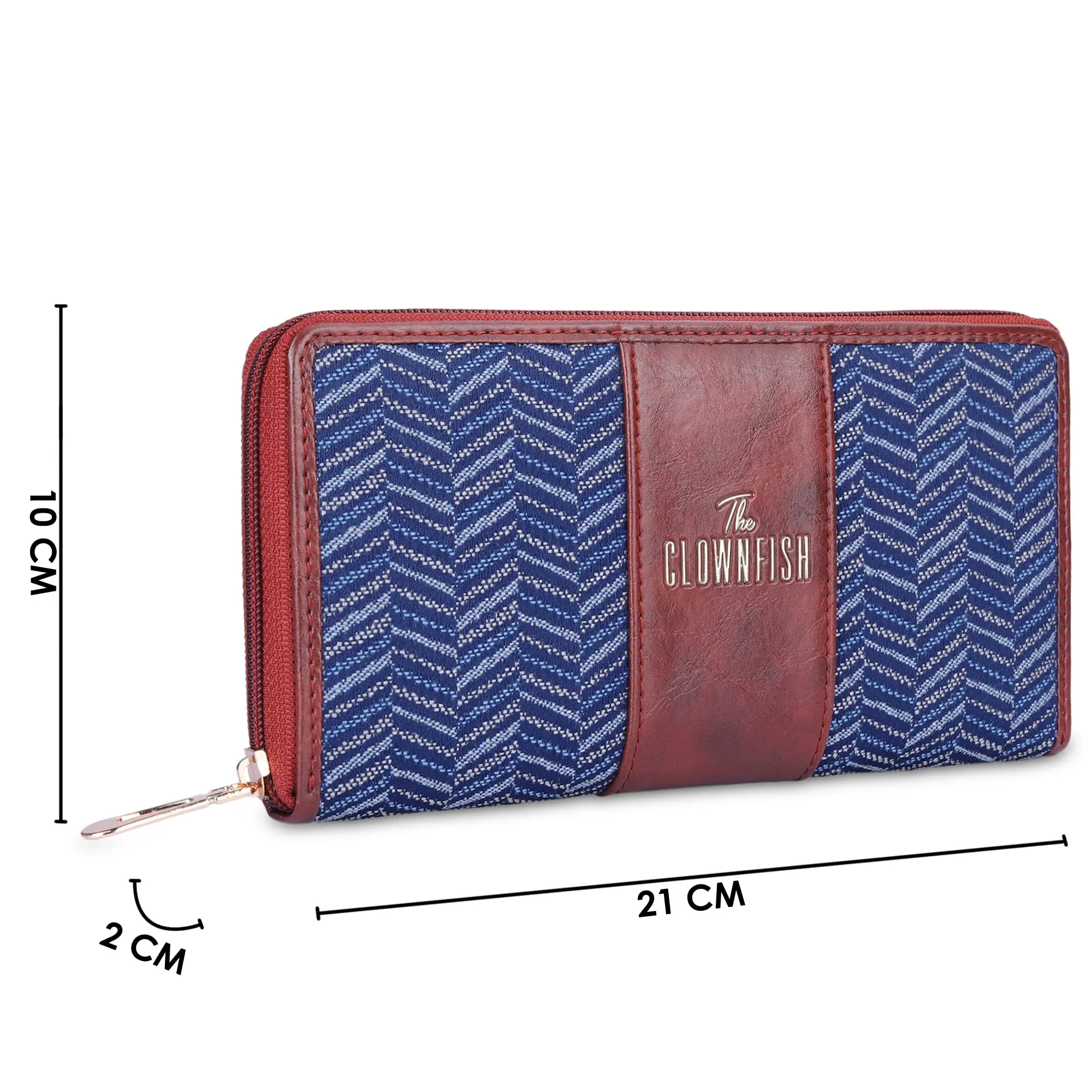 THE CLOWNFISH Aria Collection Tapestry Fabric & Faux Leather Zip Around Style Womens Wallet Clutch Ladies Purse with Card Holders (Blue-Stripes)