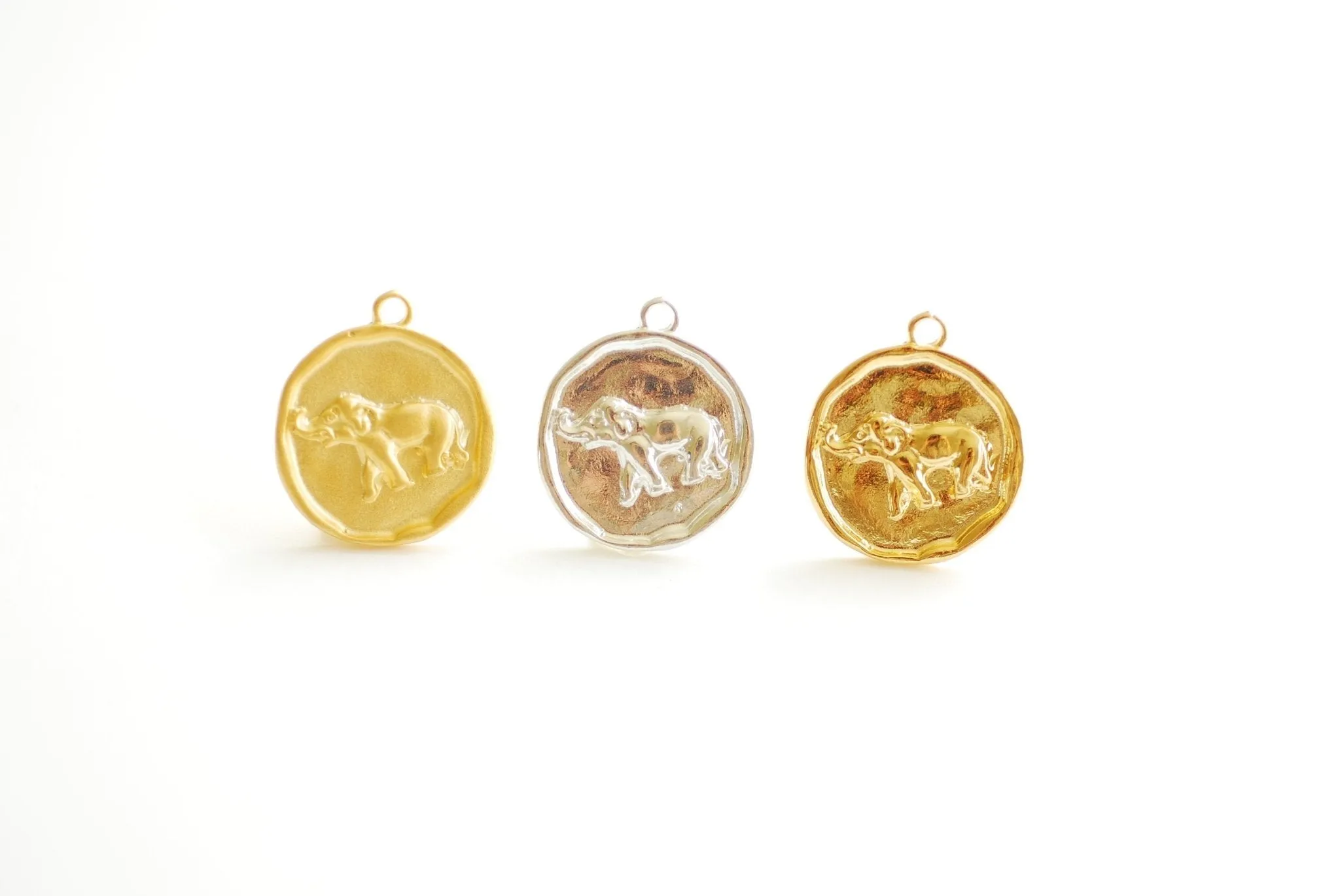 Vermeil Gold Round Elephant Pendant Charm- 18k gold plated over 925 Sterling Silver, Gold Elephant, Silver Elephant, Round Disc, Coin, 477