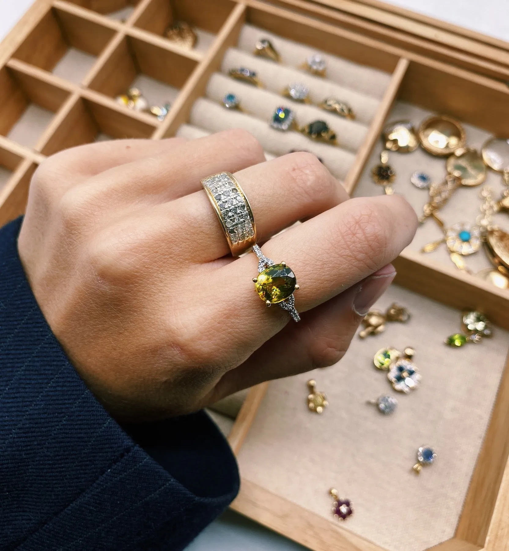 Vintage Peridot and Diamond Shimmering Meadow Ring