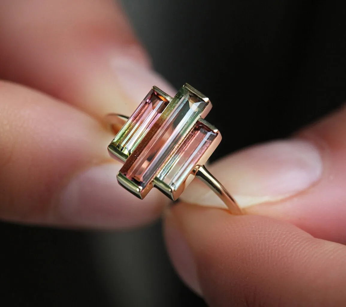 Watermelon Tourmaline Ring, Baguette Engagement Ring, Unique Three Stone Ring, Pink Wedding Ring