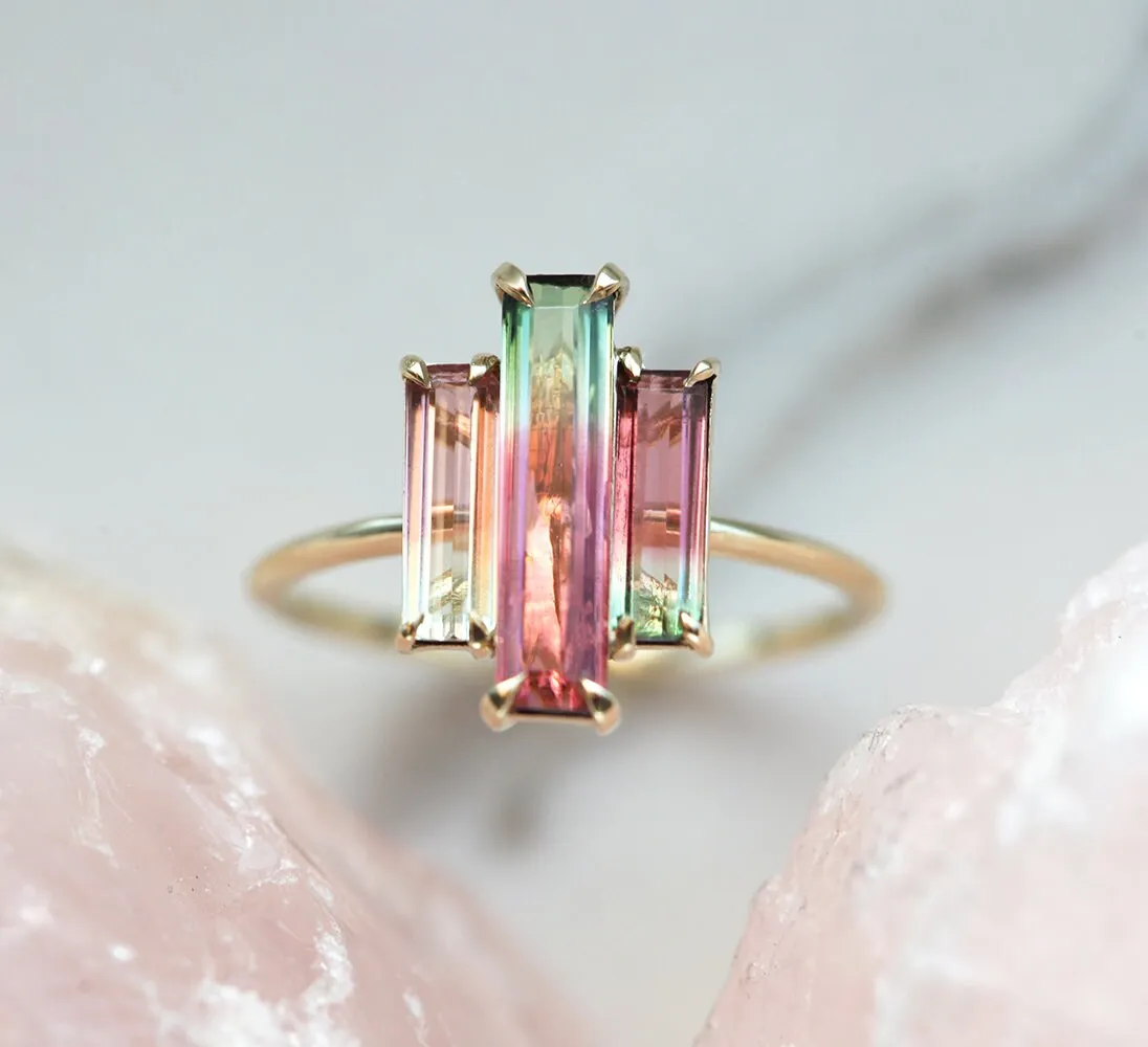 Watermelon Tourmaline Ring, Baguette Engagement Ring, Unique Three Stone Ring, Pink Wedding Ring