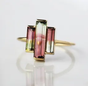 Watermelon Tourmaline Ring, Baguette Engagement Ring, Unique Three Stone Ring, Pink Wedding Ring