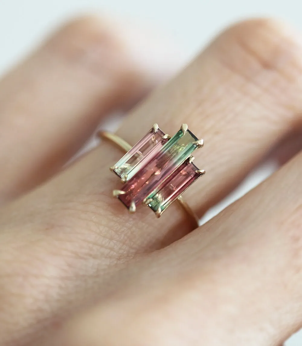 Watermelon Tourmaline Ring, Baguette Engagement Ring, Unique Three Stone Ring, Pink Wedding Ring