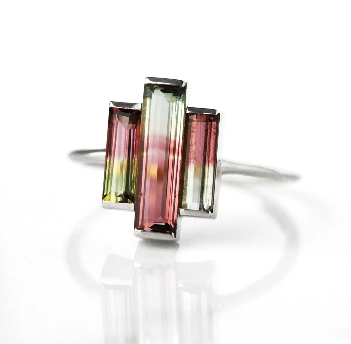 Watermelon Tourmaline Ring, Baguette Engagement Ring, Unique Three Stone Ring, Pink Wedding Ring