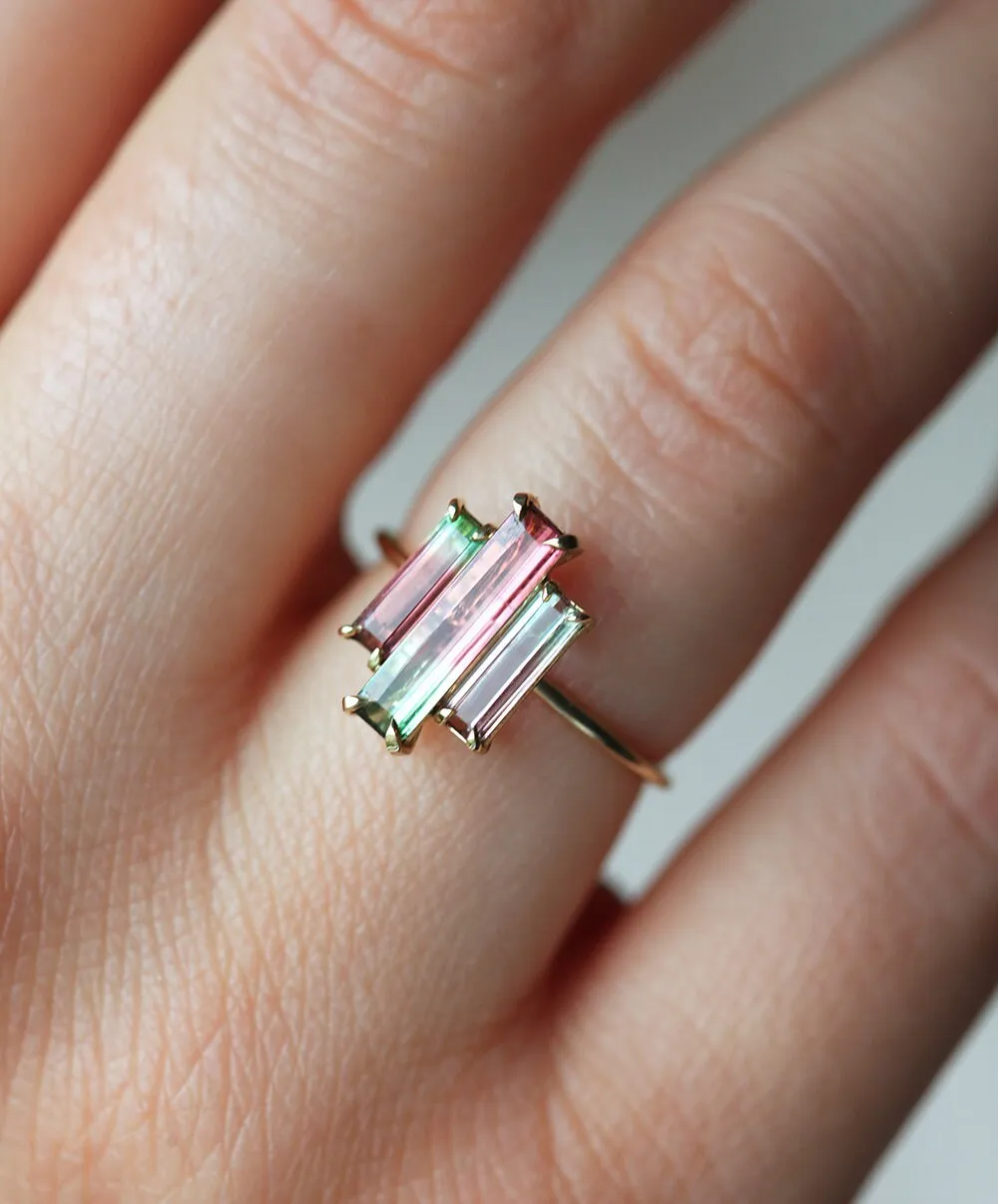 Watermelon Tourmaline Ring, Baguette Engagement Ring, Unique Three Stone Ring, Pink Wedding Ring