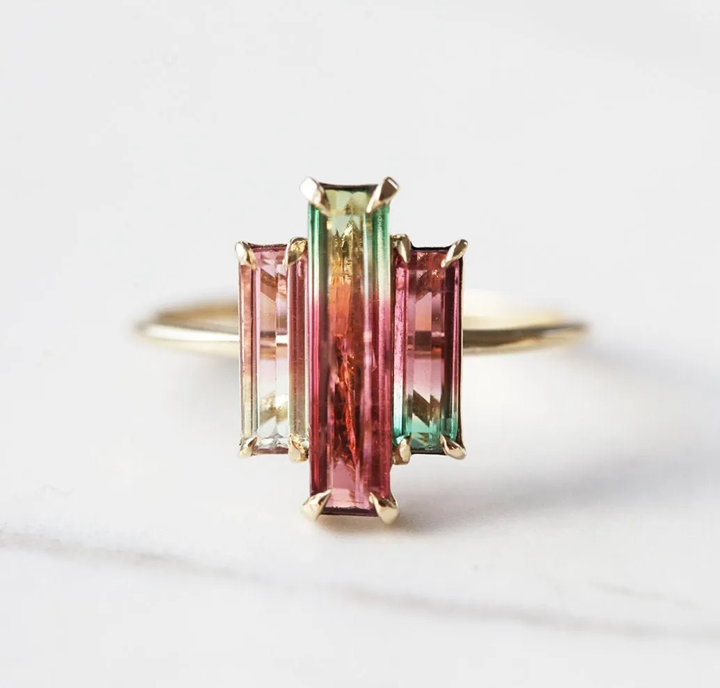 Watermelon Tourmaline Ring, Baguette Engagement Ring, Unique Three Stone Ring, Pink Wedding Ring