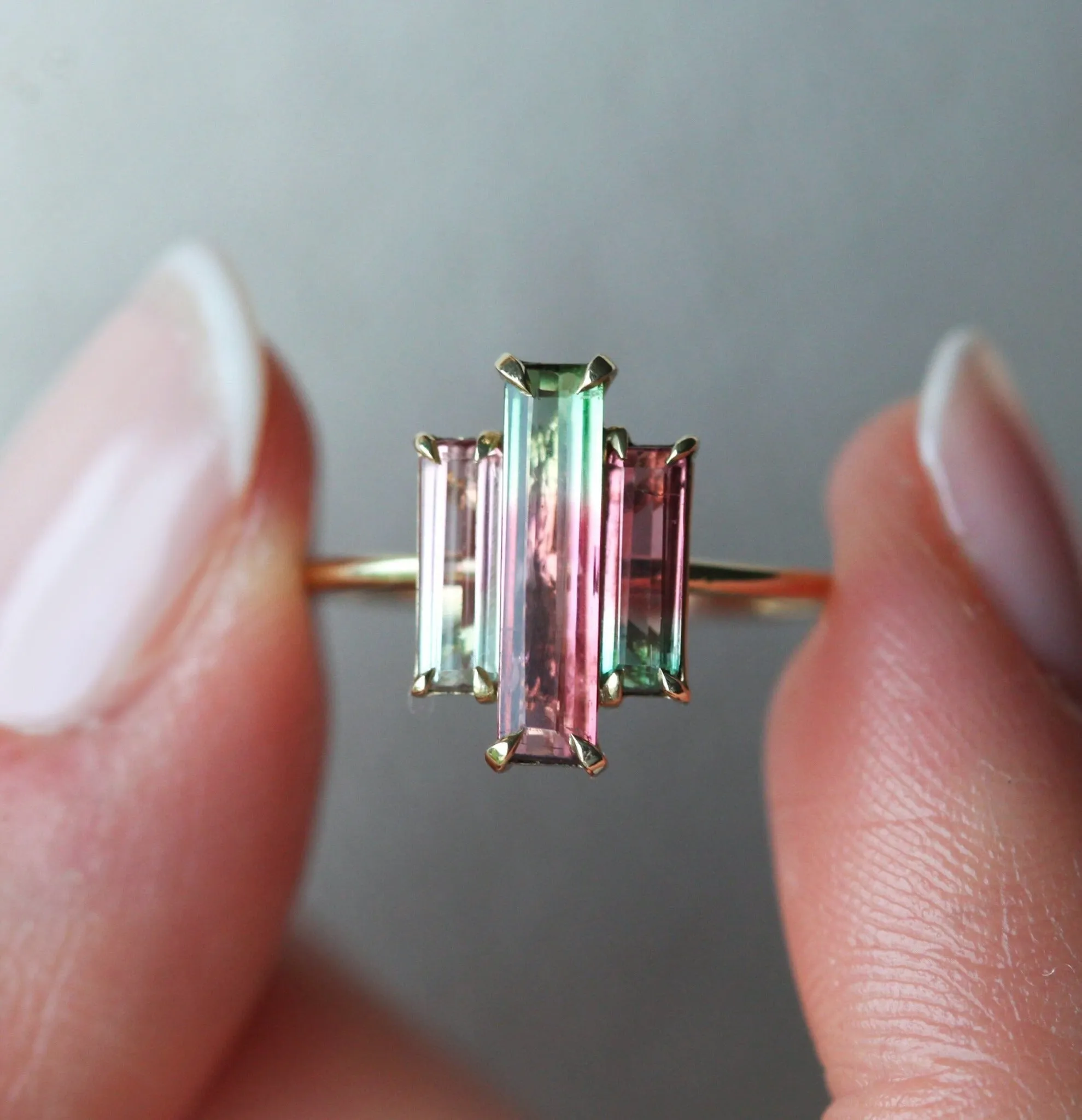 Watermelon Tourmaline Ring, Baguette Engagement Ring, Unique Three Stone Ring, Pink Wedding Ring