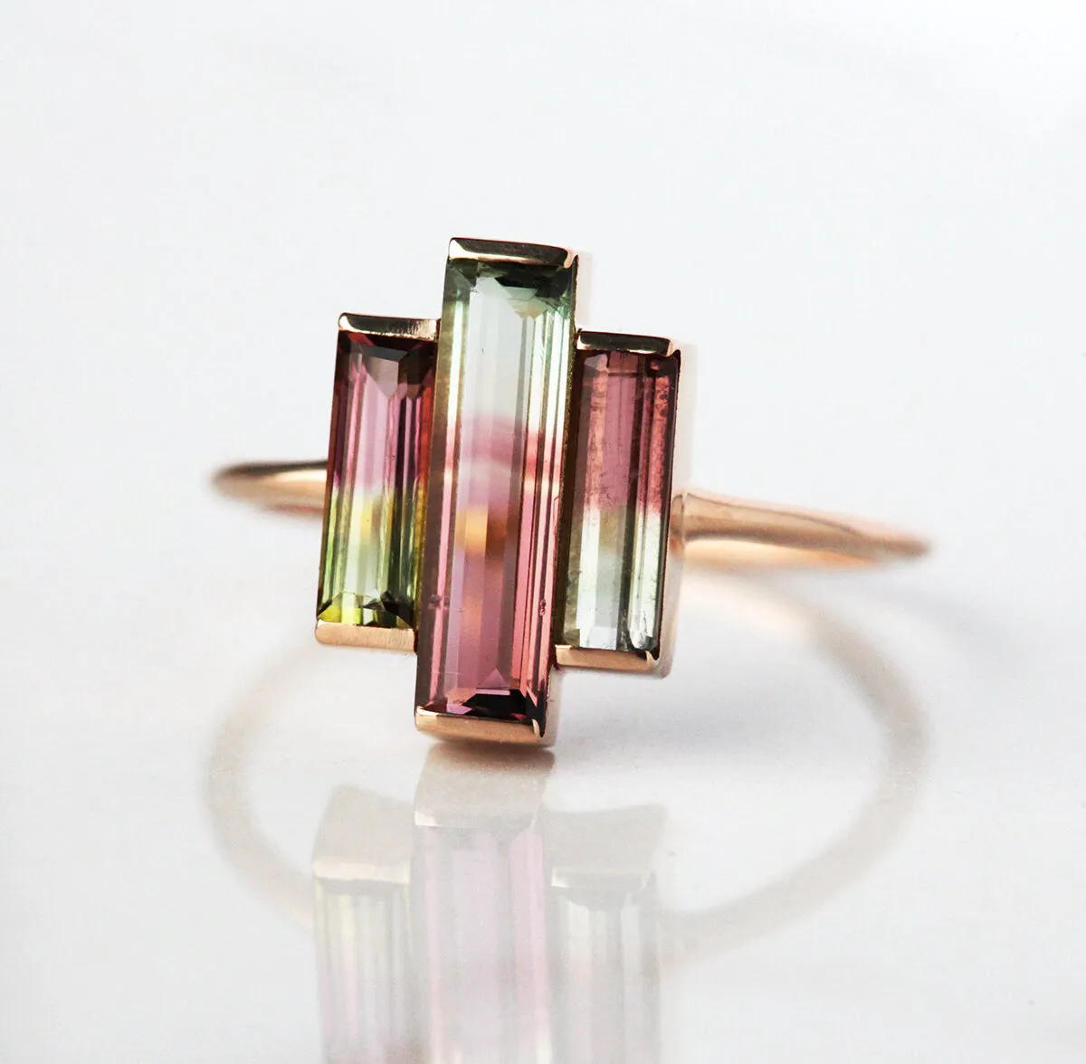 Watermelon Tourmaline Ring, Baguette Engagement Ring, Unique Three Stone Ring, Pink Wedding Ring